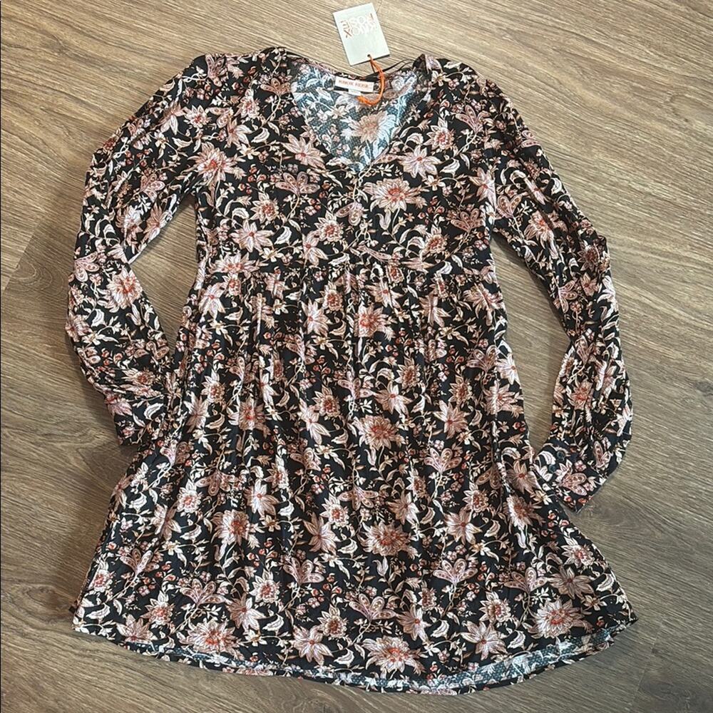 NWT Knox Rose Women’s Black Cream Long Sleeve Dress autumn floral XS fit flare